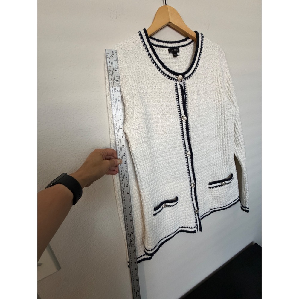 J Jill Wearever White Navy Textured Knit Cardigan Sweater S Tall Nautical - Picture 6 of 15